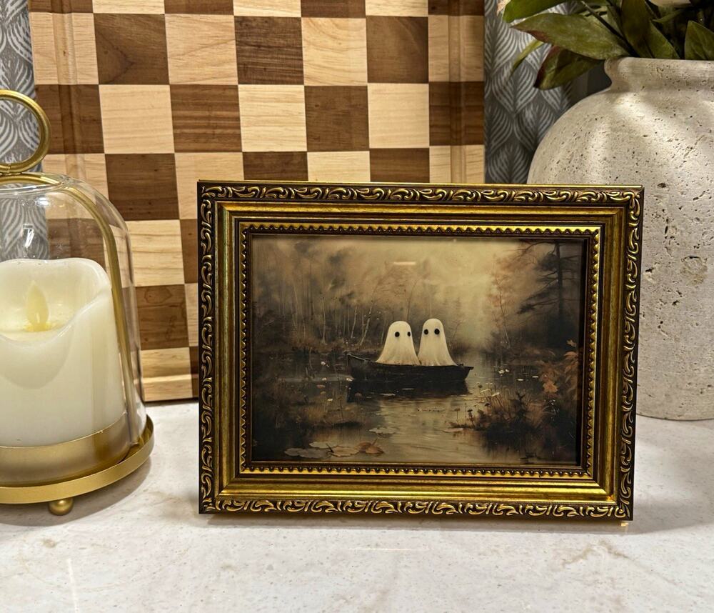 Moody Gold Framed Ghosts in Boat Halloween Landscape Print 5x7 Decor